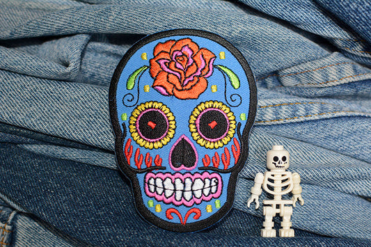 Blue Mexican Sugar Skull Iron-On Patch 0100