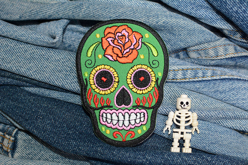 Green Mexican Sugar Skull Iron-On Patch 0101