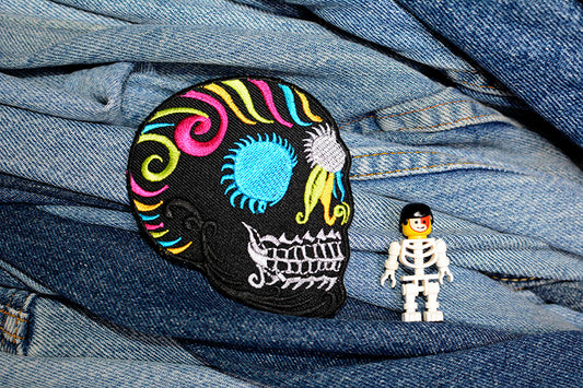 Black Colourful Mexican Sugar Skull Iron-On Patch 0103