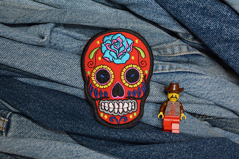 Red Mexican Sugar Skull Iron-On Patch 0096