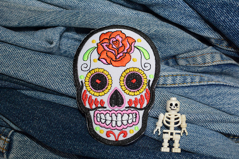 White Mexican Sugar Skull Iron-On Patch 0098