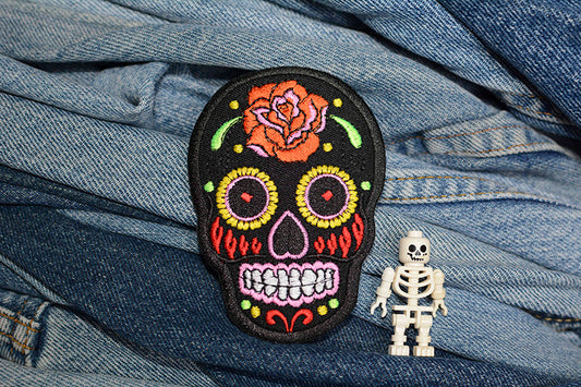 Black Mexican Sugar Skull Iron-On Patch 0099