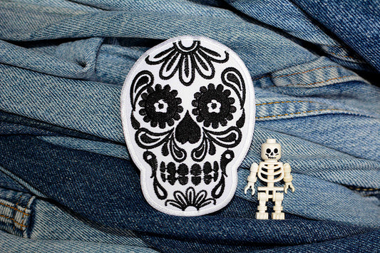 Black n White Mexican Sugar Skull Iron-On Patch 0102