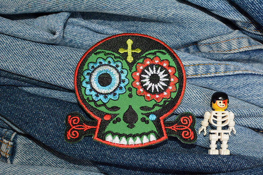 Green Bohemian Skull Iron-On Patch 0104