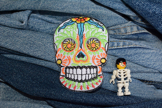 White/Lime Green Skull Iron-On Patch 0106