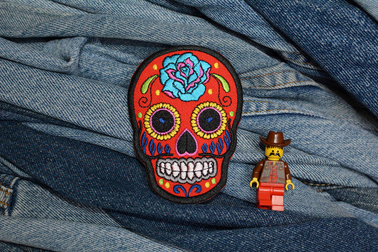 Red Mexican Sugar Skull Iron-On Patch 0096