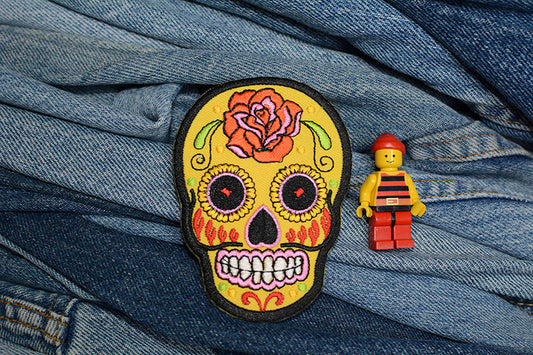 Yellow Mexican Sugar Skull Iron-On Patch 0097