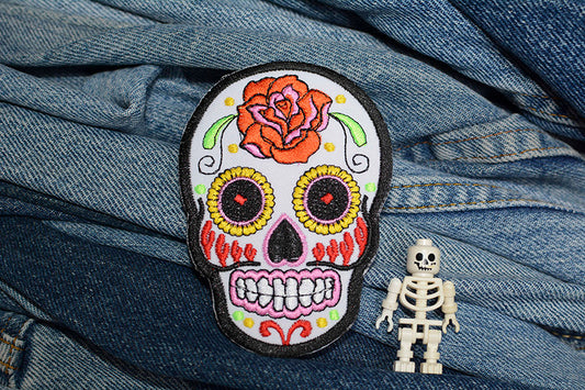 White Mexican Sugar Skull Iron-On Patch 0098